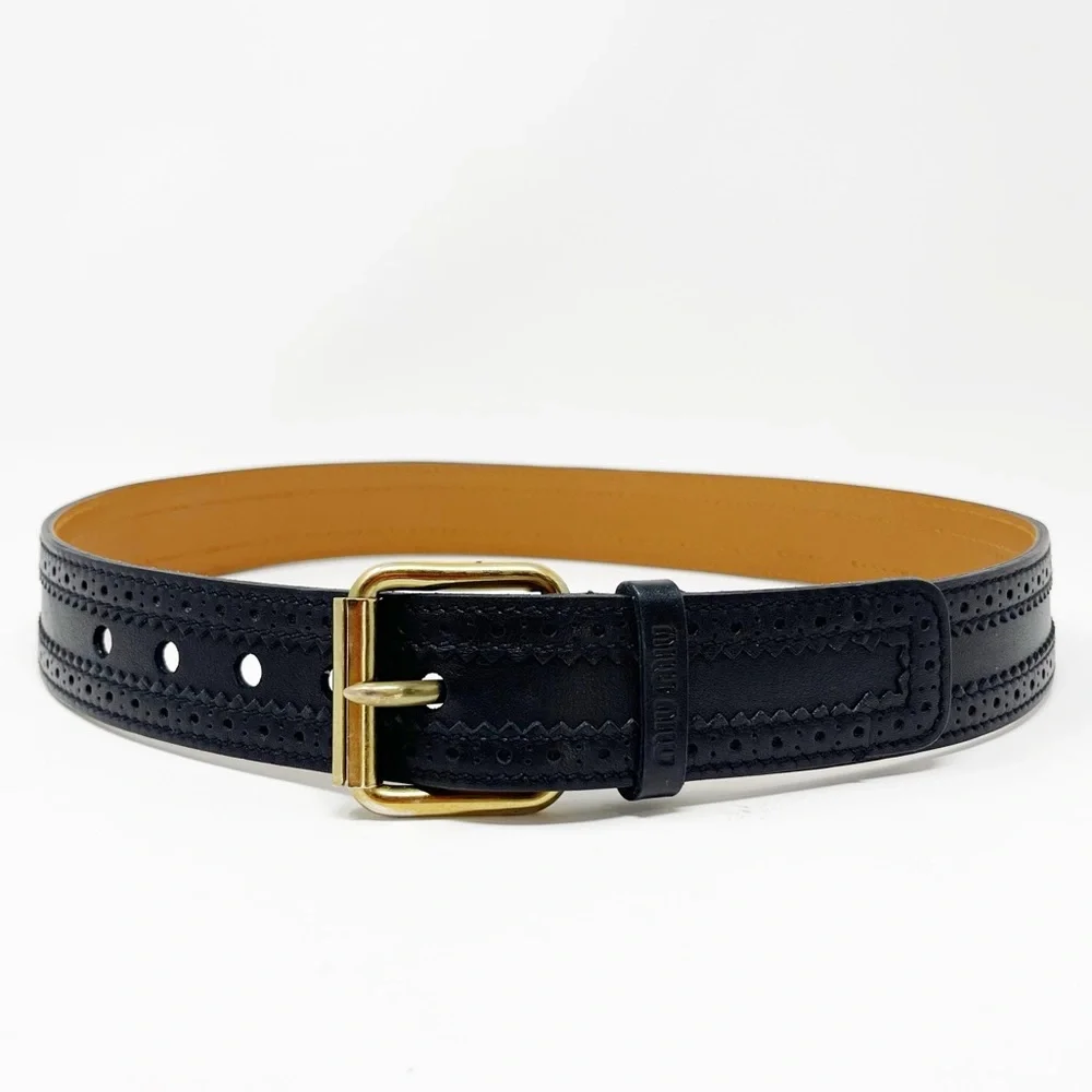 Miu Miu Italian Leather Belt Perforated Laser-Cut Black 32 - Picture 5 of 8